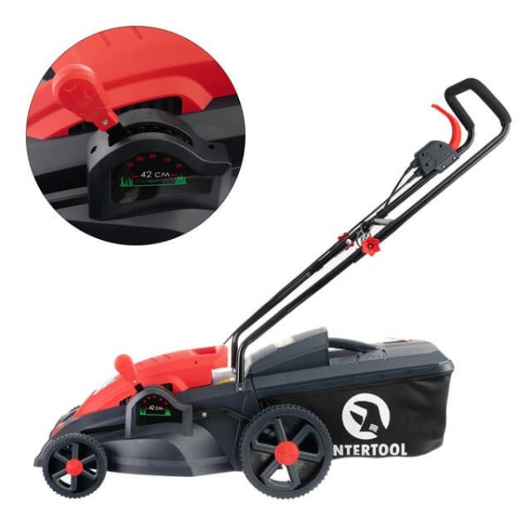 Газонокосарка електрична 1.8 кВт, 230 В~50 Гц, 2850 об/хв, ширина захвату 420 мм, висота зрізу 25-75 мм, контейнер 50 літрів STORM INTERTOOL WT-1201