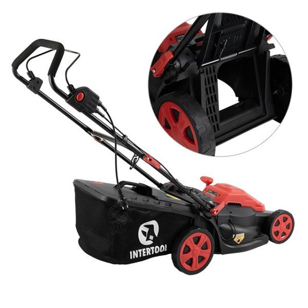 Газонокосарка електрична 1,8 кВт, 230 В, ~50 Гц, 3200 об/хв, ширина захвату 400 мм, висота зрізу 25-75 мм, контейнер 40 л, STORM INTERTOOL WT-2265