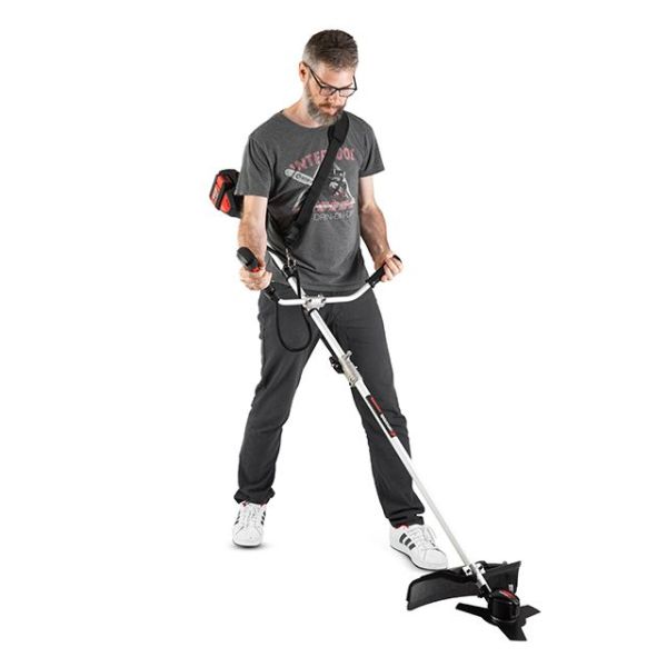 Тример акумуляторний з безщітковим двигуном 40 В (2х20 В), 6000 об/хв, діаметр обертання диска/ліски 255/350 мм, котушка + 3-х зубчастий ніж, без ЗП та АКБ, STORM INTERTOOL WT-9213