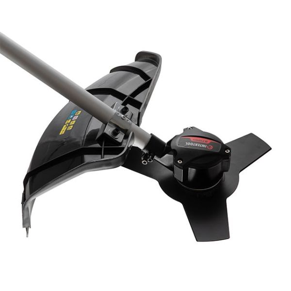 Тример акумуляторний з безщітковим двигуном 40 В (2х20 В), 6000 об/хв, діаметр обертання диска/ліски 255/350 мм, котушка + 3-х зубчастий ніж, без ЗП та АКБ, STORM INTERTOOL WT-9213