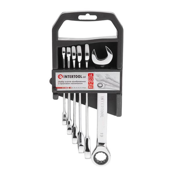 Набір ключів комбінованих з храповим механізмом 6 од., 8-19 мм, Cr-V; PROF DIN3113 INTERTOOL XT-1302