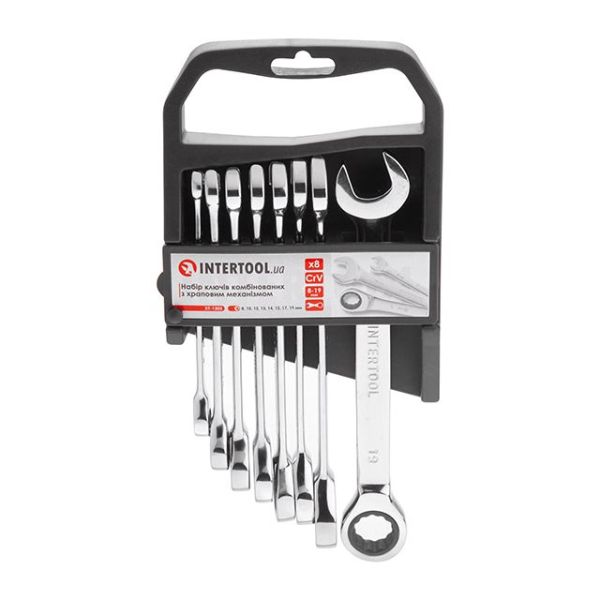 Набір ключів комбінованих з храповим механізмом 8 од., 8-19 мм, Cr-V; PROF DIN3113 INTERTOOL XT-1303