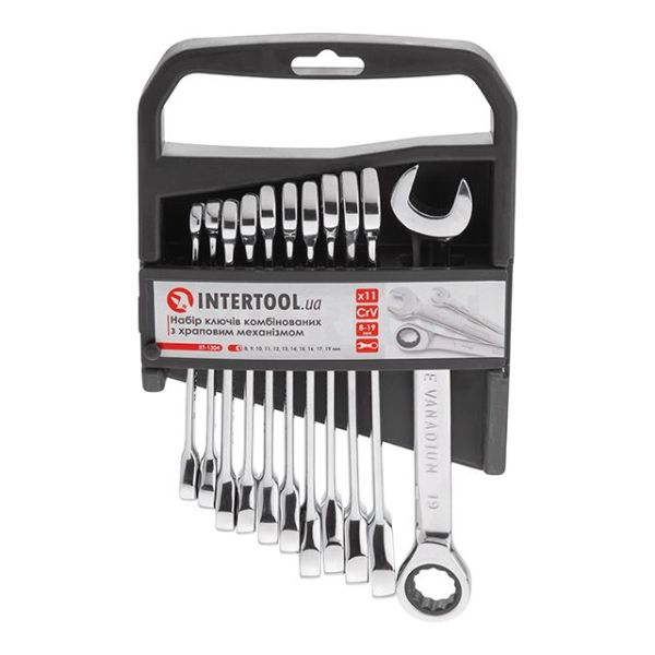 Набір ключів комбінованих з храповим механізмом 11 од., 8-19 мм, Cr-V; PROF DIN3113 INTERTOOL XT-1304
