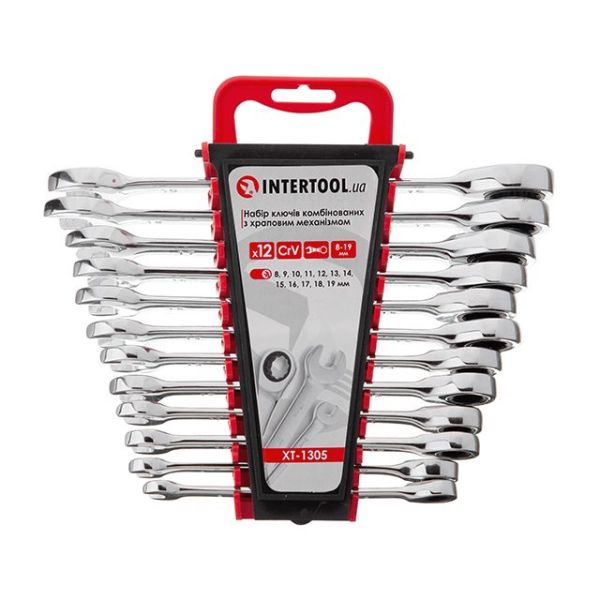Набір ключів комбінованих з храповим механізмом 12 од., 8-19 мм, Cr-V; PROF DIN3113 INTERTOOL XT-1305