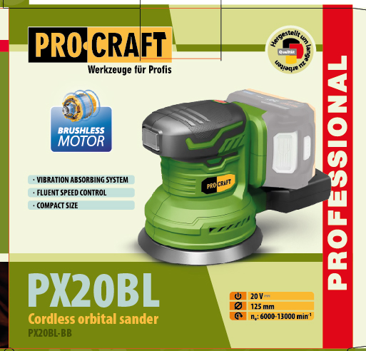 Акумуляторна ексцентрикова шліфмашина Procraft PX20BL (без акб та зп)