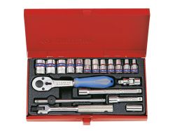 Набір головок 1/4" 19 одиниць 12-гран. з трищіткою, карданом, воротком, подовжувачем