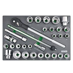 Набір головок з тріскачкою в ложементі (метр.+дюйм) 3/4" 31ед. TOPTUL GED3108